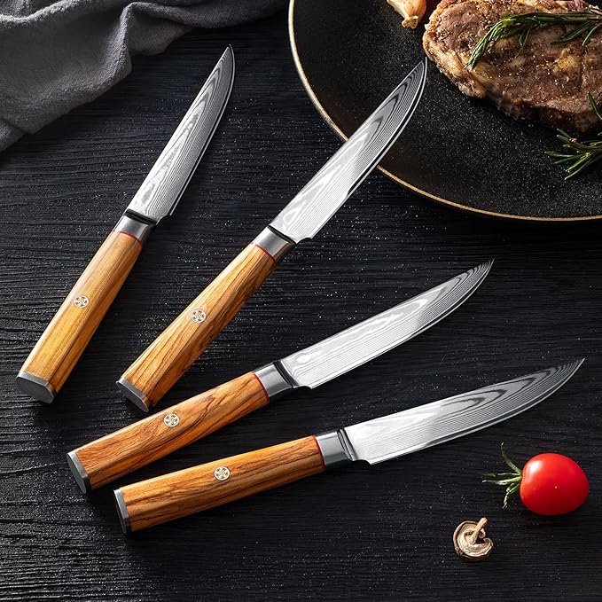 Damascus Steak Knives Set of 4 - Non serrated Steak Knives 5 inch Damascus VG10 Steel 67-Layer - Natural Olive Wood Handle- Exquisite Box