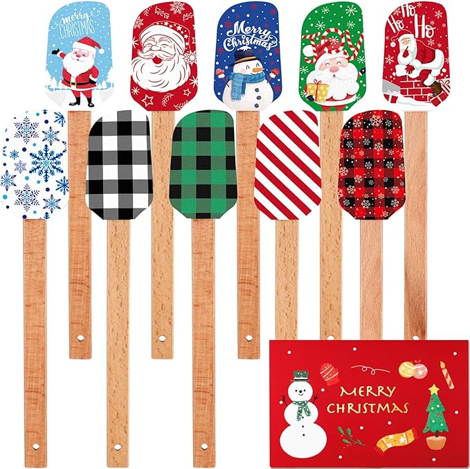 Nitial 10 Pieces Christmas Silicone Spatula Gift Set with Wooden Handle Santa Baking Kitchen Spatula with Christmas Cards for Women Cooking Housewarming (Retro Color)