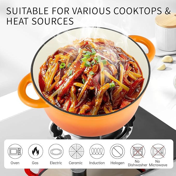6 Quart Enameled Cast Iron Dutch Oven Pot with Lid, Oven Safe up to 500°F or on Stovetop, Non-stick Dutch Oven for Bread Baking, Cooking, Dual Handles Cookware, Orange