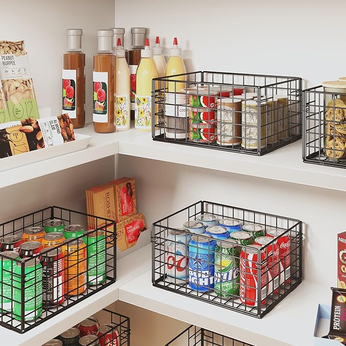 X-cosrack Metal Wire Basket Organizers Foldable & Wall Mounted Freezer Organizer Bins with Handles 4 Pack- Extra Large Mesh Bin for Pantry Organization Kitchen Laundry Closet Garage Patent Design