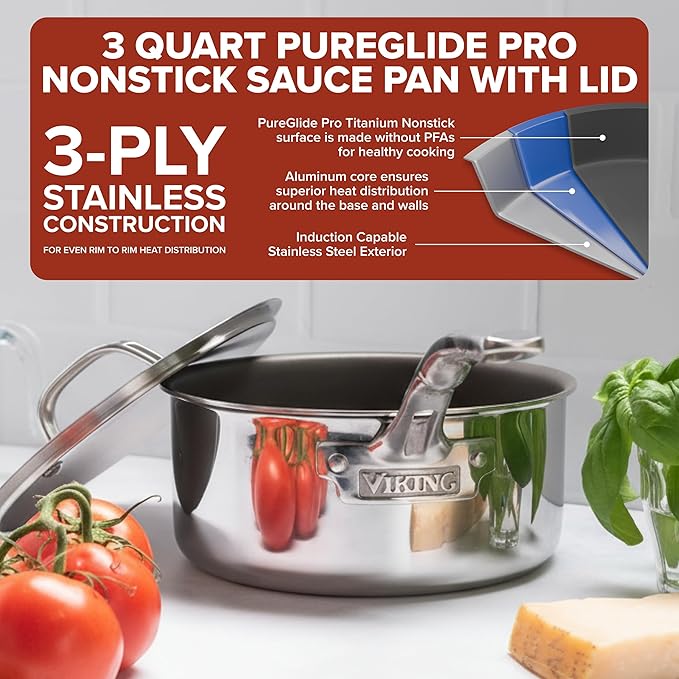 Viking PureGlide Pro 3-Ply Nonstick Sauce Pan, Made without PFAS, 3-Quart Induction Cooking Pot with Lid, Metal Utensil Safe Titanium Nonstick Surface, Oven Safe to 600F