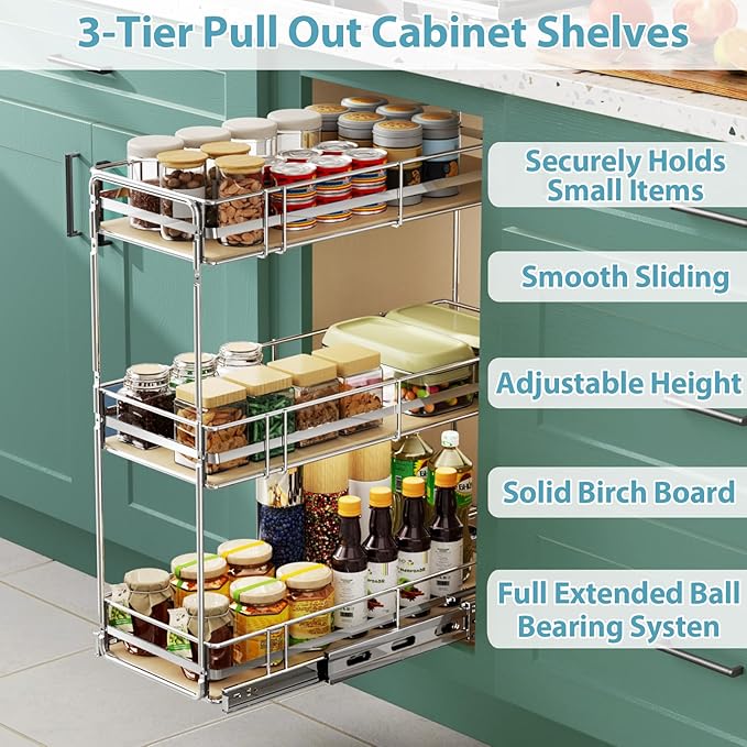 Pull Out Spice Rack Cabinet Organizer 7" W x 20½" D, 3 Tier Heavy Duty Slide Out Wood Shelf for Narrow Cabinet, Pull Out Storage for Kitchen