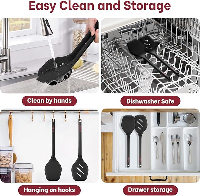 Pack of 2 Silicone Spatula Turner Set, Heat Resistant BPA-Free Silicone Kitchen Spatula Set for Non-Stick Pans, One-Piece Design Solid & Slotted Turner Ideal for Flipping Eggs, Pancakes, Black