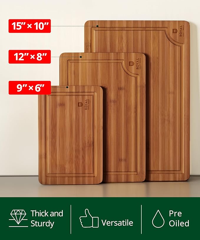 ROYAL CRAFT WOOD Wooden Cutting Boards for Kitchen Meal Prep & Serving - Bamboo Wood Serving Board Set with Deep Juice Groove Side Handles - Charcuterie & Chopping Butcher Block for Meat (3 Pcs)