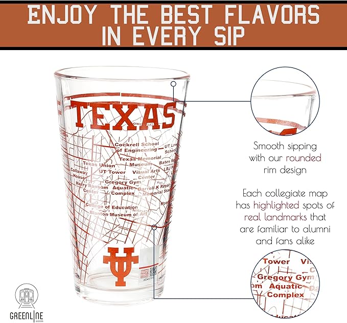 Greenline Goods – University of Texas Longhorns College Pint Beer Glasses (Set of 2), 16 oz – Full-Color Logo + Campus Map