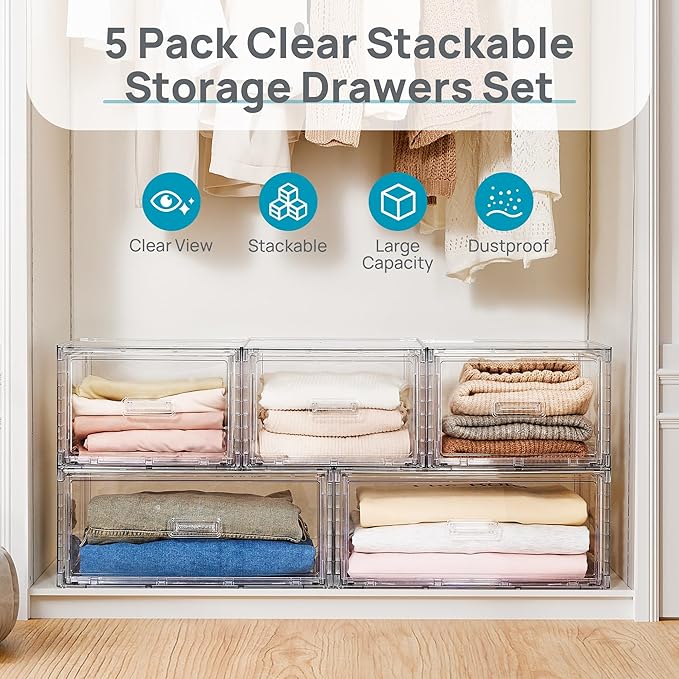 Vtopmart 5-Piece Large & Medium Stackable Drawer Organizer Set, 108QT Clear Storage Cabinet with Easy Assembly, Durable Drawers for Closet, Bedroom, Entryway, Playroom & Apartment Organization