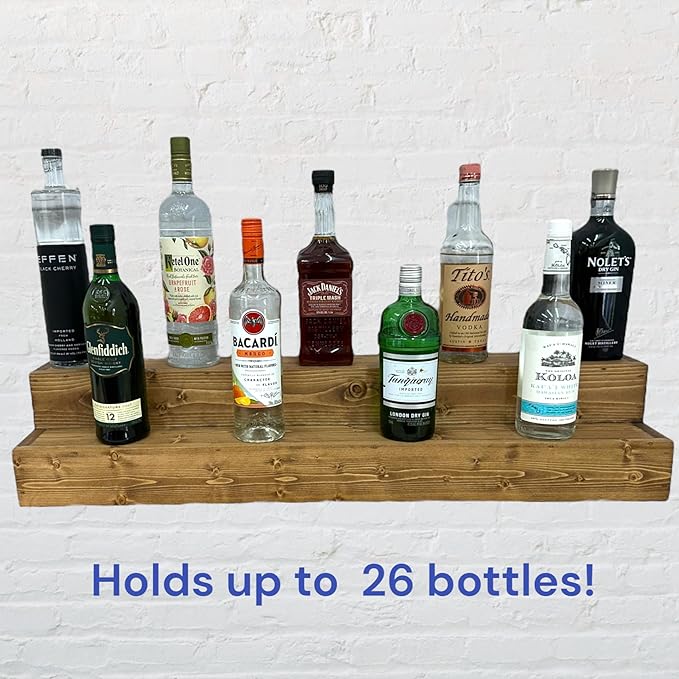 Tiered Bottle Shelf | 2 Tier Liquor Bottle Display | Bar Organization | Display Shelf | Wine Shelf | Bar Display | Kitchen Counter Shelf (42, Early American)