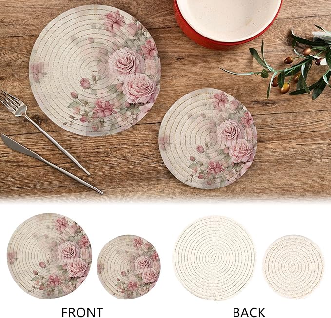 Vintage Pink Roses Kitchen Trivets Pot Holders Set of 2, Trivets for Hot Pots Dishes Woven Trivet Coaster Pad Mat for Counter