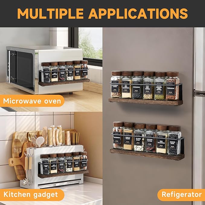 Wooden Lid Magnetic Spice Rack with 12 Jars, 216 Labels, 1 Steel Funnel for Refrigerator，Microwave Oven - Full Set of Spice Organizer