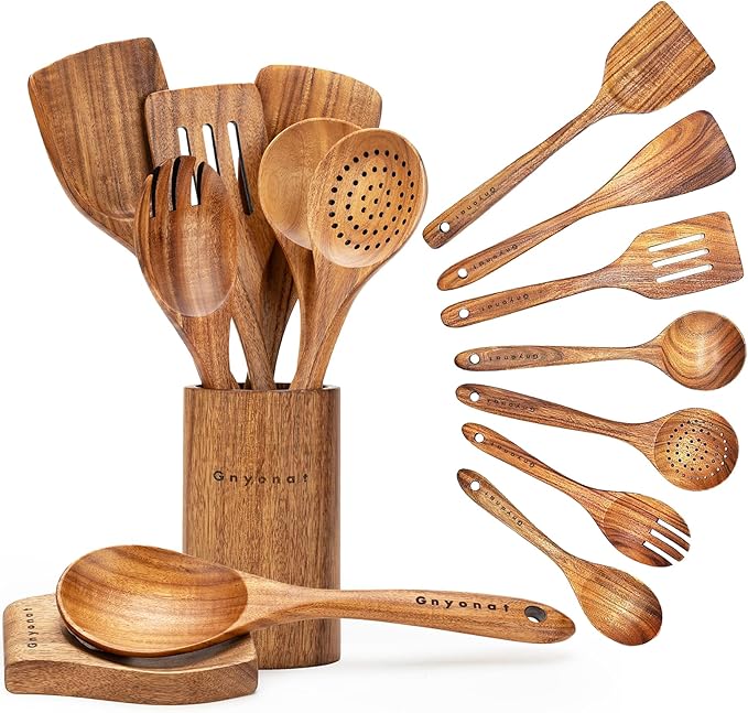 Wooden Spoons for Cooking,9 Pcs Teak Kitchen Utensil Set Wooden Cooking Utensils Wooden Spatula for Cooking