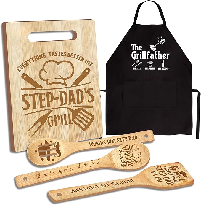 Step Dad Gifts, Christmas Step Dad Gifts from Kids, Stepdad from Step Daughter Wooden Cutting Board Utensils with Apron, Great Stepdad Father's Day Birthday Kitchen