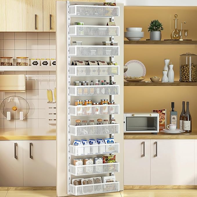 10-tier Over The Door Pantry Organizer with Mesh Baskets, Adjustable & Stable Hanging Spice Rack for Kitchen, Bathroom, Bedroom, and Baby Essentials Storage (16" W 10-Tiers, White)