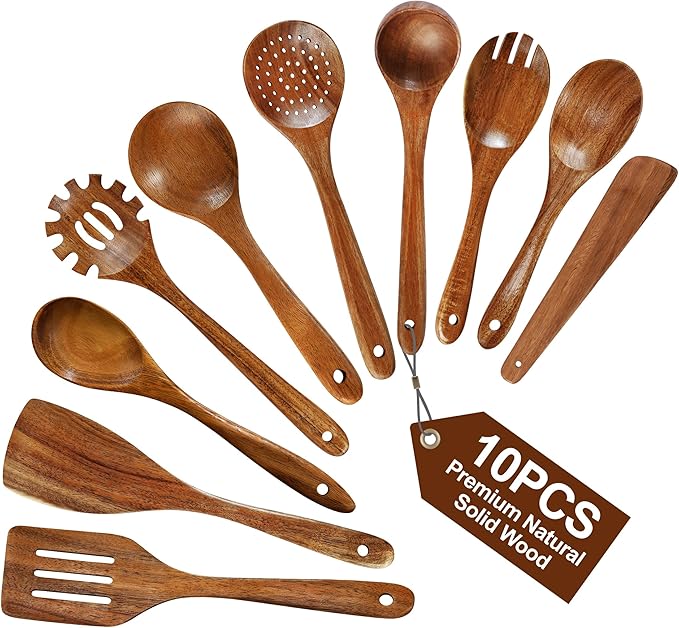 Pleafind Natural Solid Wooden Utensil Set - 10 Pcs, Non-stick Wooden Spoons for Cooking, Soft Comfort-Grip Wooden Cooking Utensils Set, Wood Kitchen Utensil Set for Non-Stick Cookware