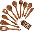 Pleafind Natural Solid Wooden Utensil Set - 10 Pcs, Non-stick Wooden Spoons for Cooking, Soft Comfort-Grip Wooden Cooking Utensils Set, Wood Kitchen Utensil Set for Non-Stick Cookware