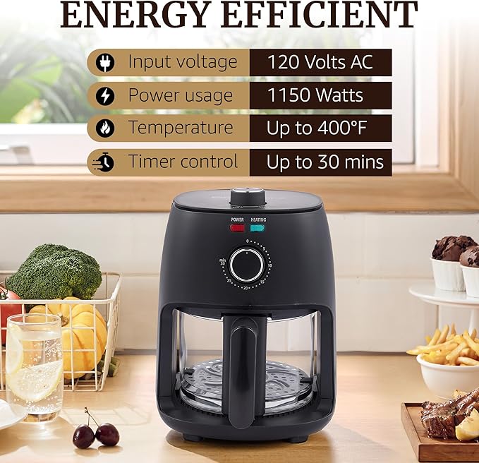 Elite Gourmet EAF2305 Glass Air Fryer, 2.4Qt Capacity, PFAS Free Ceramic Coated Ceralast™ Air Fry Rack, Adjustable Temperature 175°F to 400°F, 30-Minute Timer, 1150-Watts, 15 Recipes, Black