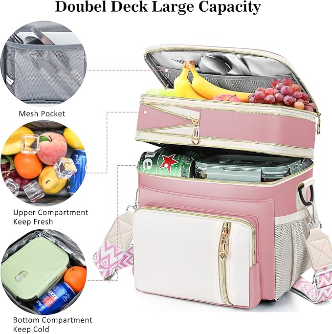 LOKASS Lunch Box & Lunch Bag for Women Men Double Deck, Large Insulated Adult Lunch Box Leakproof Lunchbox Cooler Bag for Work Picnic Beach,（Pink&White 16L）