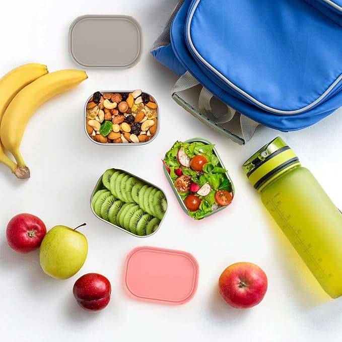 Homikit 3 Pack Snack Containers for Kids, 18/10 Stainless Steel Toddler Lunch Box with Silicone Lids, Reusable Bento Food Container Set for School Daycare, Nontoxic & Leak Proof, Pink/Green/Khaki