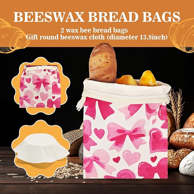 Beeswax Bread Bags for Sourdough 2 Pack 13"x17" Eco-Friendly Reusable Linen Cotton Storage Bags with Zipper Closure for Homemade Bread Fresh-Keeping, Freezer-Safe (Heart bow)