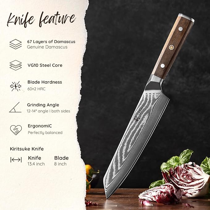 Wakoli HIK Damascus Kiritsuke Knife – Full Tang Chef Knife | 8-Inch Blade Made of 67-Layer Damascus Steel with VG10 Core | Walnut Wood Handle | Sharp, Durable, Gift Box Included