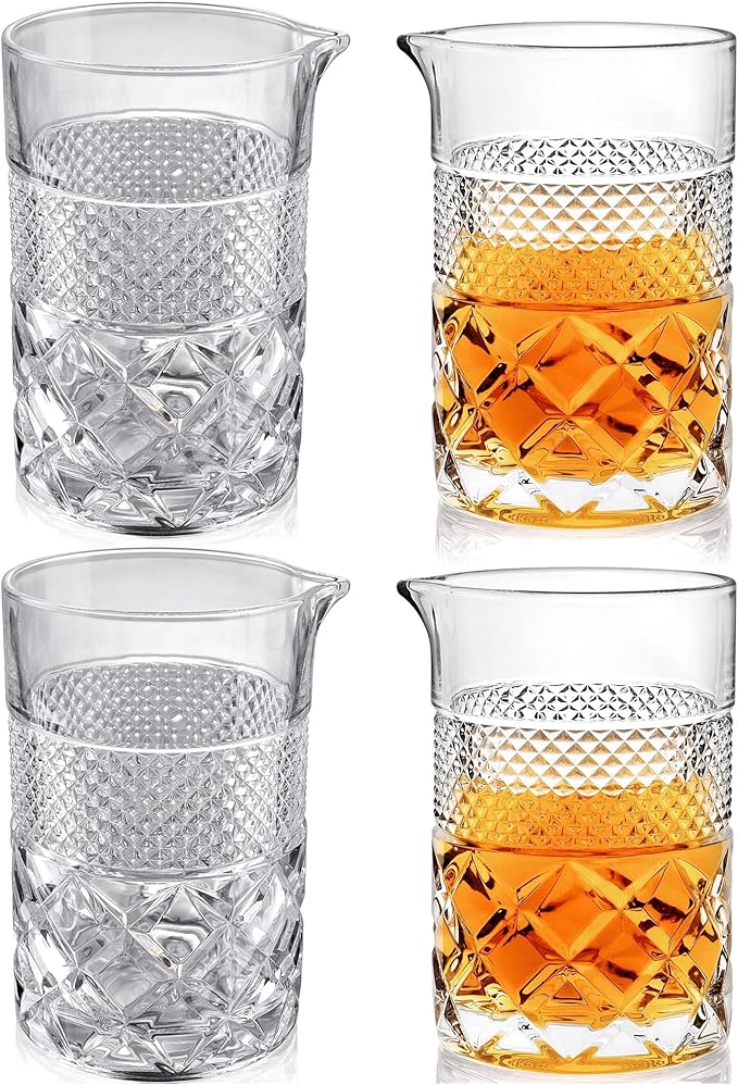 4-pack Cocktail Mixing Glass - 21oz Lead-Free Hand Blown Barware with Professional Bartender Kit - for Martini, Manhattan, Old Fashioned - Premium Home Bar Gift for Wedding Anniversary Birthday
