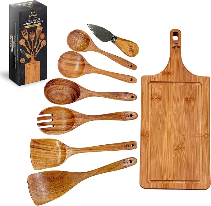 Teak Wooden Cooking Spoons Set -8-Piece Nonstick Cookware - Handmade Wooden Teak-Bamboo Charcuterie Board With Knife - Wooden Kitchen Utensils, Ideal Gift Set For Weeding,Birthday