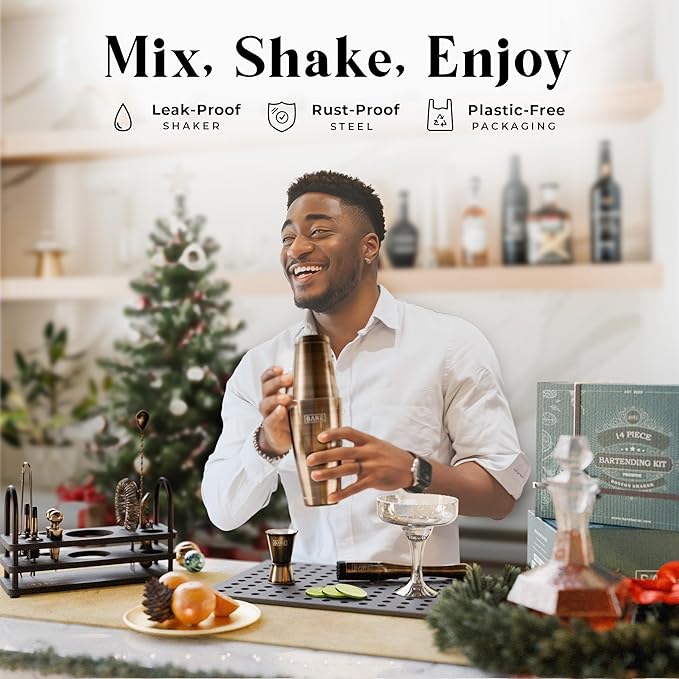 BARE BARREL® Mixology Bartender Kit Bar Set | 14-Piece Cocktail Shaker Set | Martini Barware Mixing Tools for Home Bartending | 35 Recipe Cards | Gift Set (28oz Boston Shaker, Brass/Black)