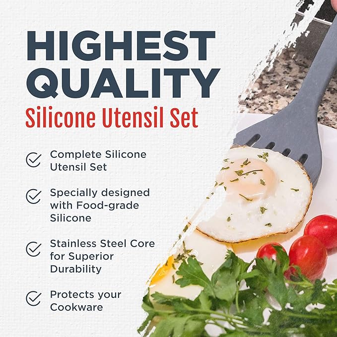 Culinary Couture Grey Silicone Kitchen Utensils Set of 6, Non-Stick Heat-Resistant Silicone Kitchen Utensils Set with Steel Inner Core