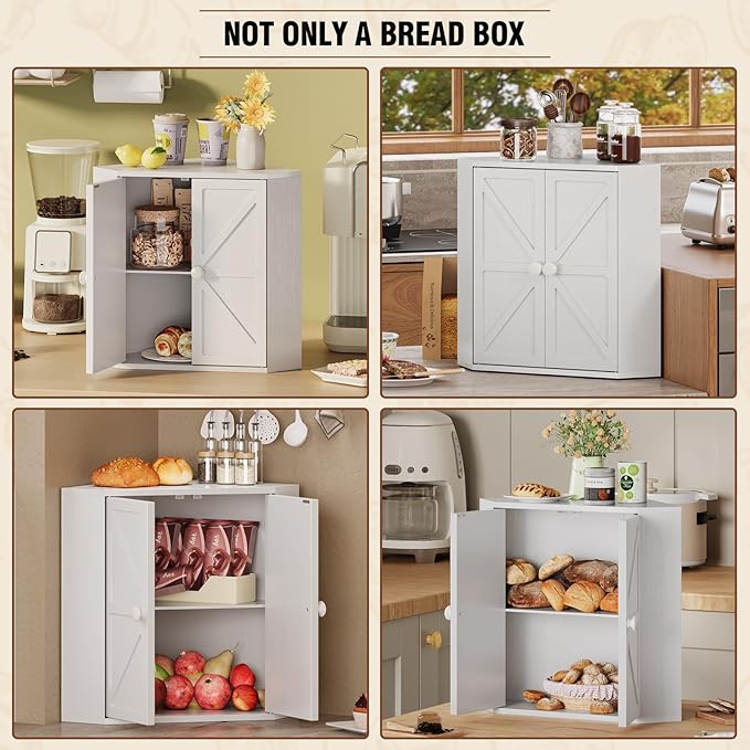 Corner Bread Box for Kitchen Counter Double Layer Bamboo Bread Storage Container Large Capacity Bread Storage Bin Farmhouse Breadbox Organizer (White)