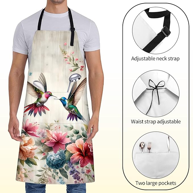 Bird Apron for Women with Hummingbird,28x33in,Floral Garden Kitchen Aprons with 2 Pockets,Oxford Fabric,Beautiful Adjustable Apron for Cooking Baking Gardening Chef,Gifts for Mom Wife