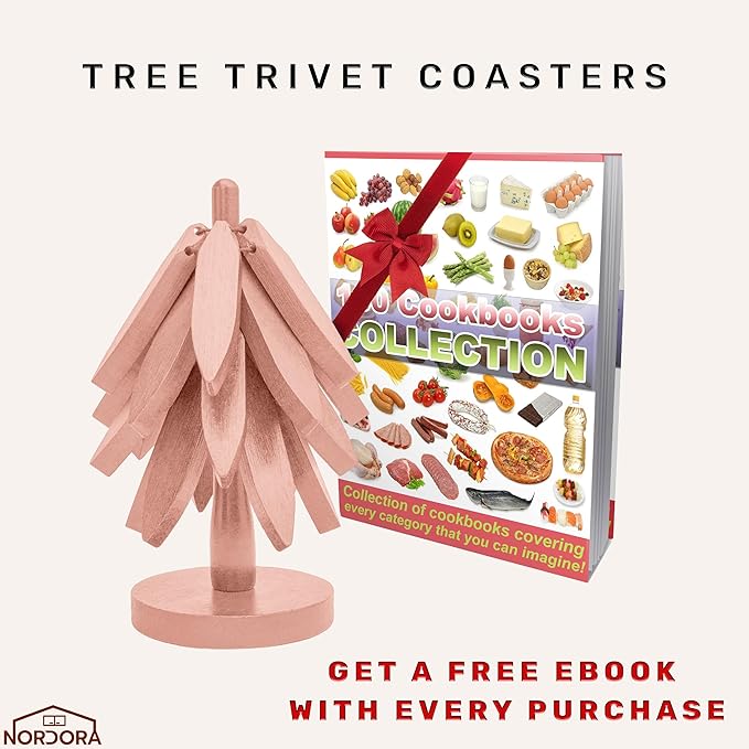 Wooden trivets for hot Dishes – 4 Tree-Shaped Coasters & 1 Stand for Hot Pots, Dishes | Heat-Resistant, Space-Saving Pot Rest & Cozy Kitchen Decor, Tree Trivets for Counter + Special Bonus (Blush)