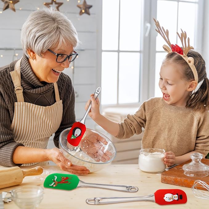 Layhit 12 Pcs Christmas Silicone Spatula Xmas Decorating Pattern Spatula with Plastic Handle Christmas Kitchen Utensils Holiday Cute Pan Scraper for Cake Cooking Baking Cookie Mixing Stir Butter Cream