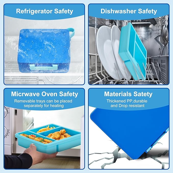 Chill Bento Lunch Box for Kids Adult with Ice Pack,Leak Proof 3 Compartments Lunch Container for Kids,Ice Pack Detachable Bento Box,BPA Free,Dishwasher & Microwave Safe-Blue