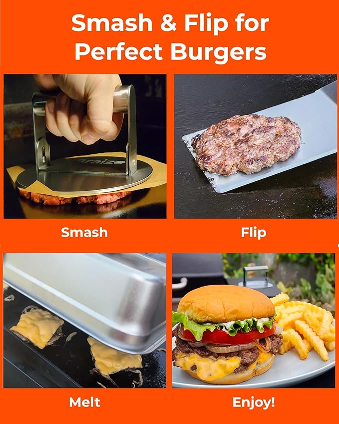 Smash Burger Press Kit, Stainless Steel Burger Press - Heavy Duty Grill Tools for Smashburgers, Flat Top Griddles, Cast Iron Pans, BBQ Accessories for Home Chefs (Dome Set)