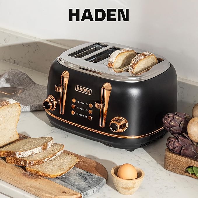 HADEN Heritage 4-Slice Toaster with Extra Wide Slots, 1500-Watt, Black & Copper - Retro Stainless Steel Design with Self-Centering Function, Adjustable Browning Control & Removable Crumb Tray