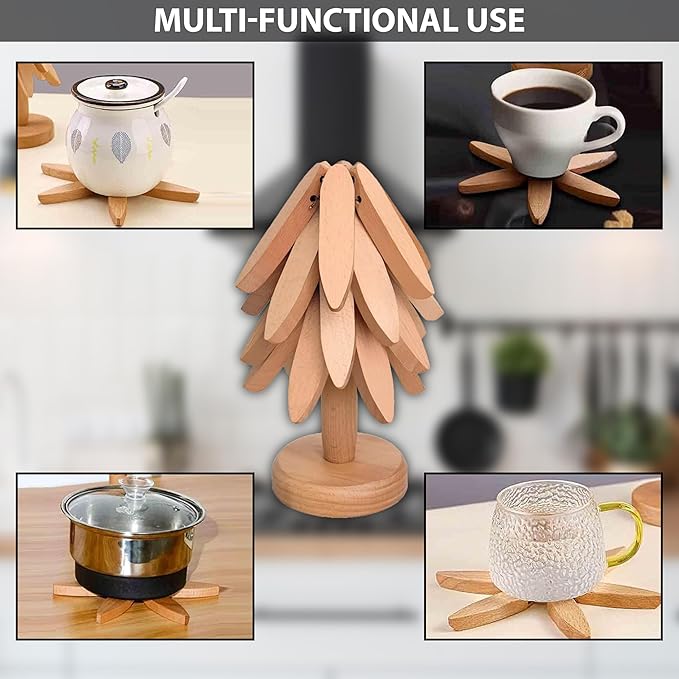 Wooden Trivets for Hot Dishes, Tree Shape Trivet Set, Tree Coasters Mats, Foldable Heat Resistant Pads, 4 Wooden Trivets+1 Stand, Pot, Bowl, Teapot, Countertop (Beech)