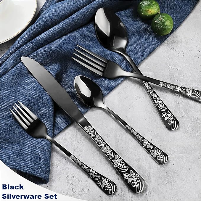 Black Silverware Set, Stainless Steel Flatware Set 30 Pcs for 6, Includes Forks Knives Spoons, Mirror Polished Eating Utensils Sets, Durable Restaurant Cutlery Set - Dishwasher Safe