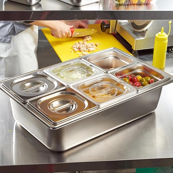 HECMAC Ice Chilled Condiment Serving Container (6 Pan), 2 Types of Lids, Drain Tray, 23 Gauge Anti-Jam Food Pan Commercial Heavy Duty Spice Rack Set, for Kitchen Buffet Catering