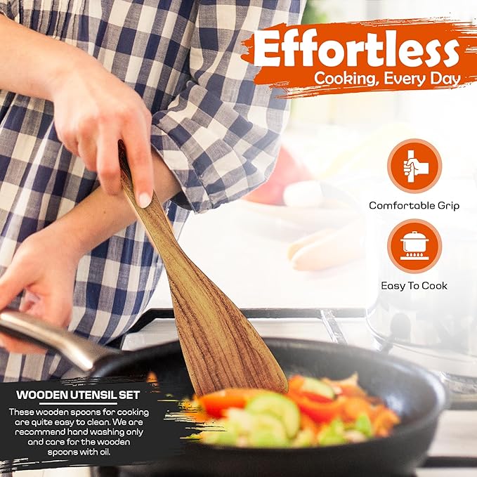 2 Pcs Wooden spoons for cooking,(Fried Spatula&Slotted Spatula). Teak wood kitchen utensils set, Long handle frying turner, Non-stick and non scratch spurtle for backing, frying and cooking.
