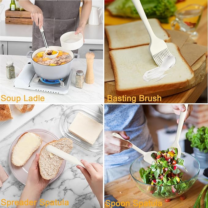 LIANYU 15 Pcs Cooking Kitchen Utensils Set with Holder, Silicone Kitchen Gadgets with Stainless Steel Handle, Heat Resistant Spatula Tools, Brush Spoon Tong Whisk Ladle Turner for Cookware, White