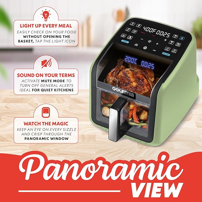 Gourmia Air Fryer 7 QT - Easy View Panoramic Window & Interior Light, Guided Cooking with 12 One-Touch Presets, FryForce 360, Dishwasher Safe Accessories, Green