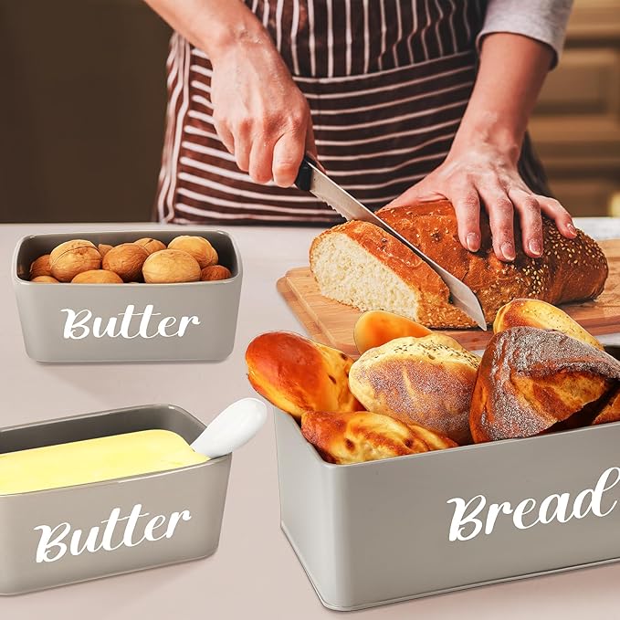 Hushee Metal Bread Box and Butter Dish with Bamboo Cutting Board Lid and Knife Bread Storage Container Breadbox for Kitchen Counter Butter Organizer for Kitchen Countertop Decoration(Gray)
