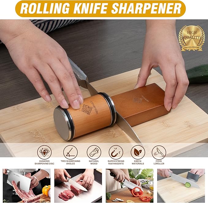 Rolling Knife Sharpener –Multi Angle Tool w/Diamond & Ceramic Discs #1000/#3000, tumbler knife sharpener having Finger Guard, Gloves & Travel Bag
