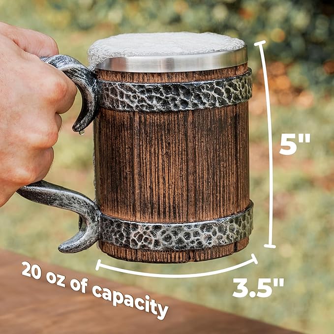 Norse Tradesman Stainless Steel Beer Tankard - 20 oz Tavern Style Mug for Hot or Cold Drinks - Imitation Wood & Iron