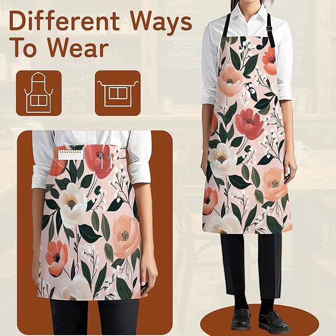 Apron with Pockets for Women, Adjustable Kitchen Cooking BBQ Chef Apron, Gifts for Mom Birthday, or Holidays