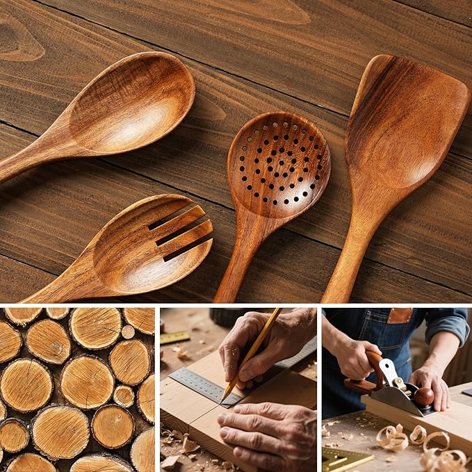 8-Piece Teakwood Utensil Set for Cooking, Natural Wooden Spoons & Spatulas for Non-Stick Cookware, Kitchen Gift Set for Christmas, Housewarming, Wedding
