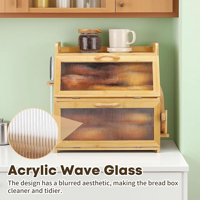 Bread Box for Kitchen Countertop, Large Bread Storage Container for Homemade Bread, Bamboo Farmhouse Organizers, Double Layer Bread Bin with Acrylic Window Holder,Natural