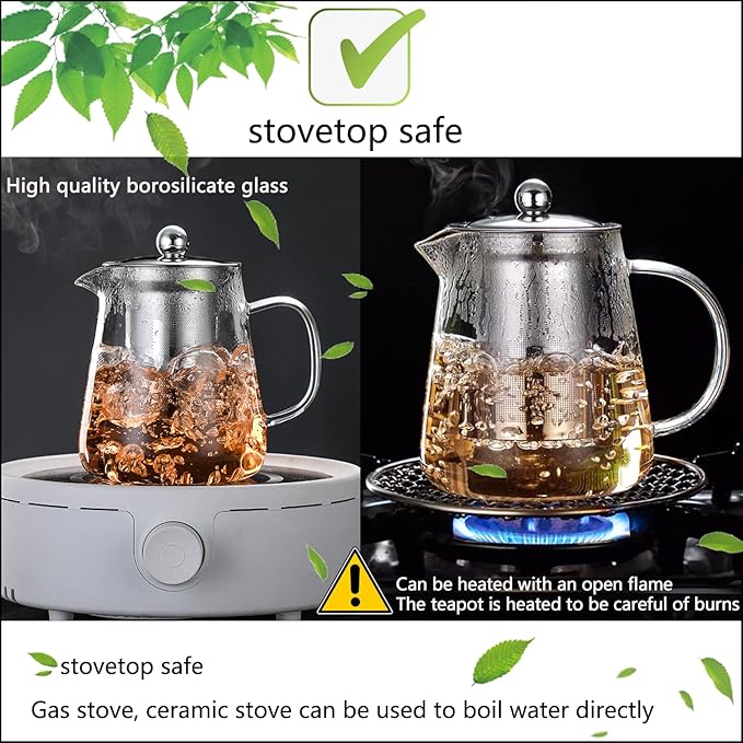 Glass Teapot (32oz/950ml) MJZQCD with Removable Stainless Steel Infuser,Glass Tea Pot transparent Stovetop tea Kettle,Blooming and Loose Leaf Tea Maker,Microwave & Dishwasher Safe