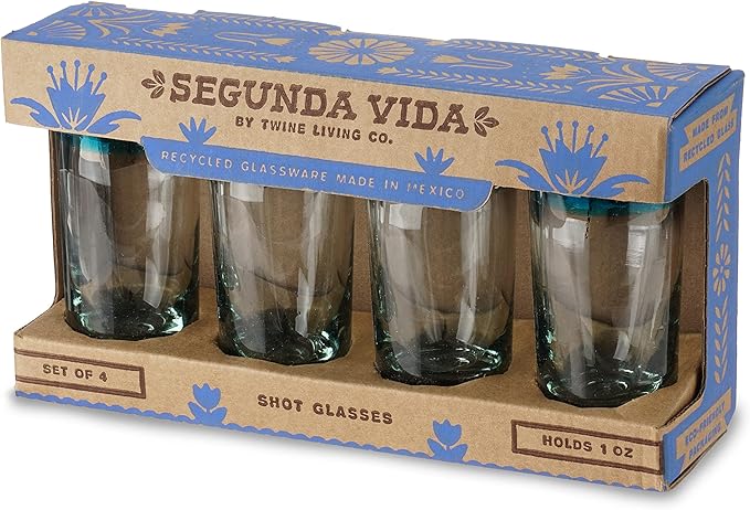 Segunda Vida Twine Primavera Colorful Shot Glasses with Blue Rims, Handmade Mexican Glass Hand Blown, 100% Recycled Glassware, 1 oz Set of 4
