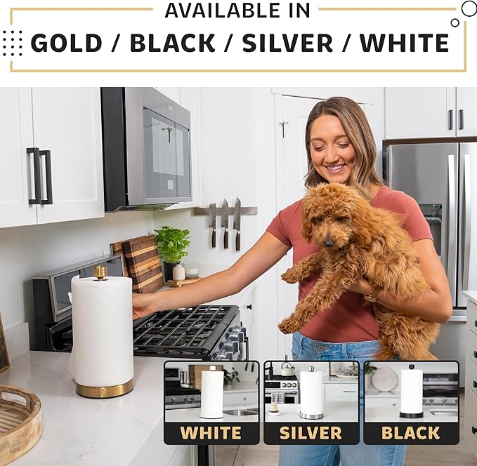 Dear Household Stainless Steel Paper Towel Holder Easy One-Handed Operation - This Sturdy Weighted Paper Towel Dispenser Countertop Model Has Suction Cups and Holds All Paper Towel Rolls - Gold