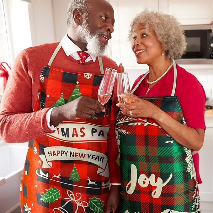 SATINIOR 4 Pcs 21.7" x 26.8" Christmas Aprons Adjustable Kitchen Aprons Xmas Plaid Merry Christmas Bib for Adults